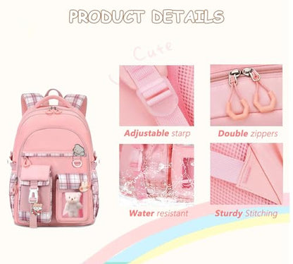 Girls Backpack with Lunch Box Cute School Backpack for Girls Kids Teens Kawaii Bookbag Set for Primary Elementary，Pink - color: Pink