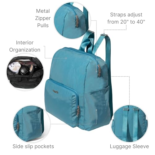Carryall Packable Lightweight Travel Backpack 14x11" Folding Compact Nylon Washable Weekender Daypack w/Luggage Sleeve - color: Seaside Blue
