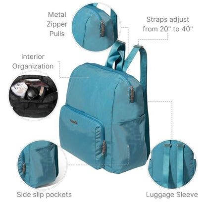Carryall Packable Lightweight Travel Backpack 14x11" Folding Compact Nylon Washable Weekender Daypack w/Luggage Sleeve - color: Seaside Blue
