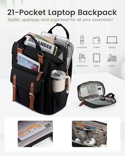 LOVEVOOK Laptop Backpack for Women with Giant Tumbler Holder Pocket,17.3 inch Waterproof Travel Backpack Purse Computer Laptop Bag - color: Black-black, size: 17.3 Inch D-Cup