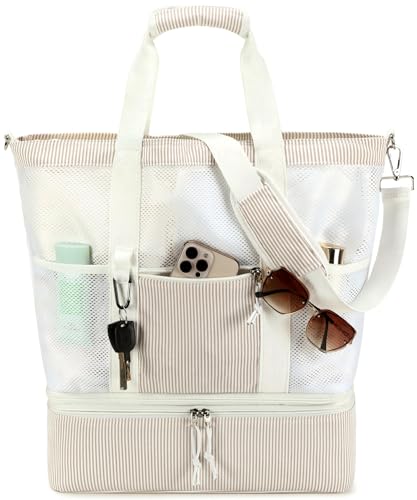 Bluboon Mesh Beach Tote Bag with Cooler Compartment Insulated Detachable Picnic Bag with Zipper and Pocket Pool Bag for Women - color: Sand White Vertical Stripe