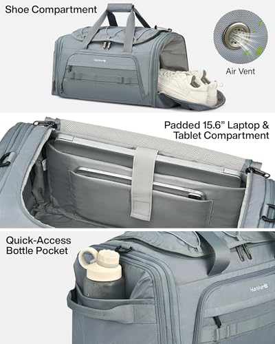 Hanke Gym Bag for Men Women, Expandable 45L-55L Large Capacity Travel Duffle Bag, 3-in-1 Weekender Backpack with Shoe Compartment & Wet Pocket, Durable Water-Resistant, Grey - color: Grey