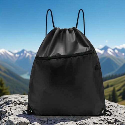Drawstring Backpack Large Capacity with Zip Pocket and Adjustable Straps, Sport Shoulder Bag for Hiking, Gym and Outdoor, Navy blue - color: Navy Blue