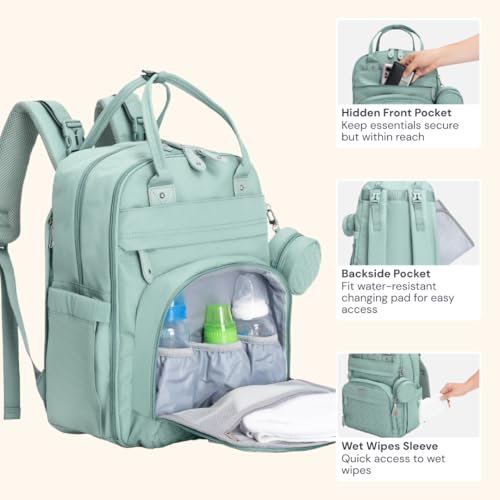 BabbleRoo Diaper Bag Backpack - Baby Essentials Travel Bag - Multi Function Water Resistant Diaper Bag, Travel Essentials Baby Bag with Changing Pad, Stroller Straps & Pacifier Case – Sage Green - color: Sage Green, size: Large