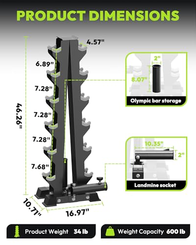 HANDBODE A-Frame Dumbbell Rack Heavy Duty Weight Stand for Dumbbells, Space-Saving Metal Storage Organizer, Sturdy Dumbbell Holder for Home Gym - style: 1 X 6-Tier A-Frame with Landmine Attachment