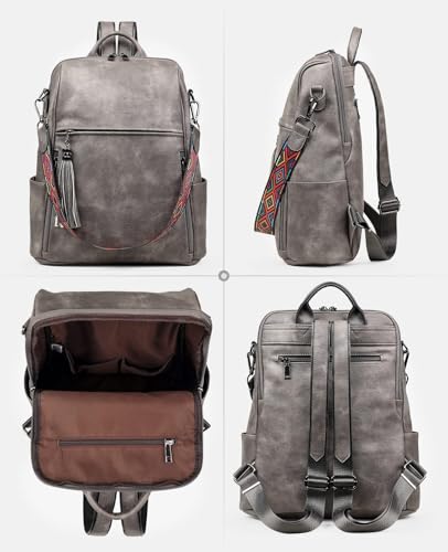 FADEON Leather Backpack Purse for Women Designer Travel Backpack Purses PU Fashion Ladies Shoulder Bag with Tassel - color: 1 Dark Grey Retro Style