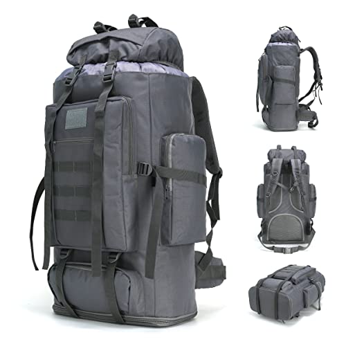 100L Hiking Camping Backpack MOLLE Rucksack Waterproof Daypack (Grey) - color: Grey