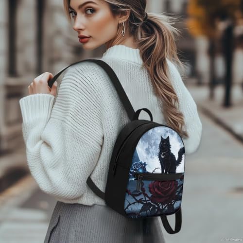 Gothic Small Backpack Purse for Women - color: Black Cat Rose