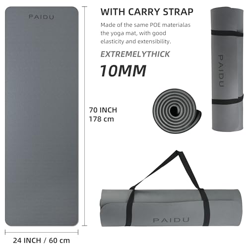 PAIDU Yoga Mat Non Slip Anti-tear,extra thick-2/5 inch（10MM）High Resiliency Professional POE Yoga Mats for Women Men Kids,72"x24"inch,Workout, Yoga, Pilates and Floor Exercise, with Carrier Strap - color: Grey+Black.