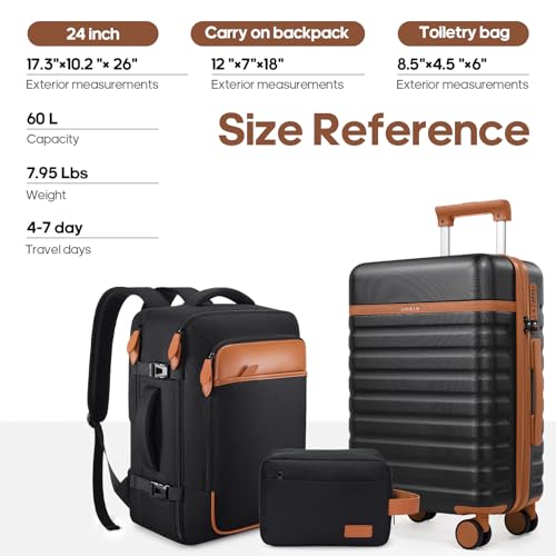 UKEIN Luggage Sets 3 Piece, PC Hardside Checked Luggage 24 Inch With Spinner Wheels with TSA Lock, Large Suitcase Set With Travel Backpack for Men (Black, 3 piece set (24inch)) - color: Black, size: 3 piece set (24inch)