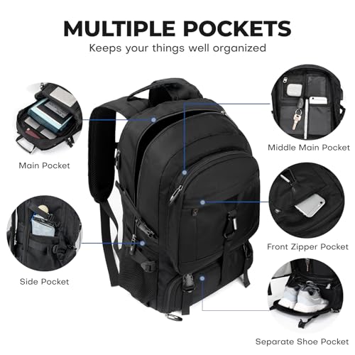 Large Travel Backpack for Men Women,Carry on Backpack with Shoe Compartment USB Charging Port,College Backpack,Bookbag fit 17.3 Inch Laptop for Business Hiking Camping (Fits 4.92-5.91 ft height) - size: 17.3 inch