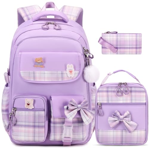 ACESAK Girls Backpack - 3PCS Backpack for Girls Cute School Backpacks for Girls Kindergarten Elementary Preschool Middle Kids School Bags with Lunch Box Pencil Case Set (Purple) - color: Purple