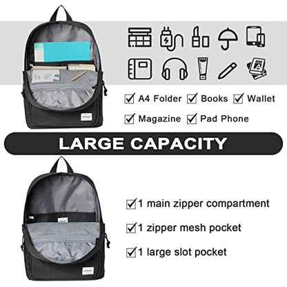 RAVUO School Backpack, Lightweight Classic Bookbag Casual Daypack for Men Women - color: Black