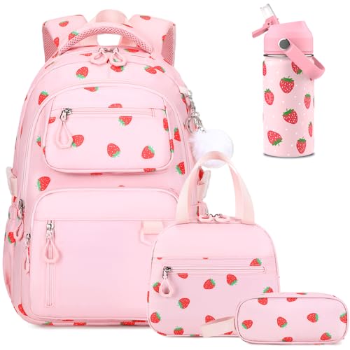 Bevalsa Backpack for Girls, School Bookbag Teen Girls Backpack Set with 14oz Insulated Water Bottle Stainless Steel, Lunch Bag & Pencial Case for Kids Elementary Middle Student (Pink Strawberry) - color: Pink Strawberry