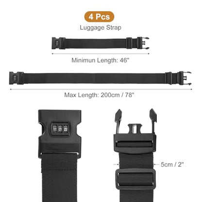 MECCANIXITY Luggage Straps with Combination Lock Adjustable Suitcase Belt Strap for Suitcase Briefcase Backpack Travel, Black, Pack of 4 - color: Black