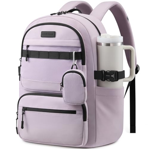 LOVEVOOK Laptop Backpack, 15.6" Carry On Airline Approved, Personal Item Bag Meets FAA Size, Trolley Sleeve Slides Over Suitcase, Waterproof Daypack for Travel College with Mini Pouch - color: Light Purple - Black, size: 15.6 Inch