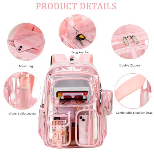 Clear Backpack for School,18 Inch Extra Large Heavy Duty Bookbag for Girls and Boys,Durable See Through PVC Transparent School Backpack for Travel(Pink) - color: Pink