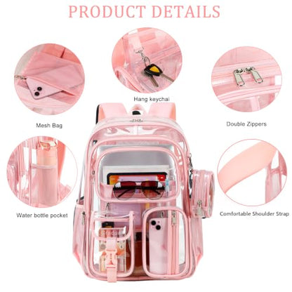 Clear Backpack for School,18 Inch Extra Large Heavy Duty Bookbag for Girls and Boys,Durable See Through PVC Transparent School Backpack for Travel(Pink) - color: Pink