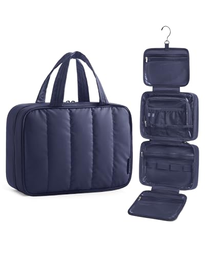 BAGSMART Travel Toiletry Bag for women, Portable Hanging Hook Makeup Bag Organizer, Waterproof Makeup Cosmetic Bag, for Full-Size Accessories, Toiletries,Navy Blue - color: Navy Blue