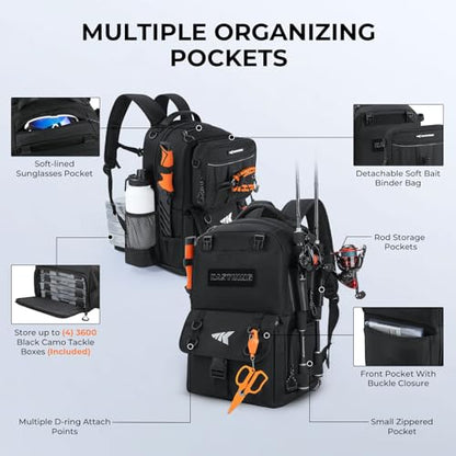 KastKing BaitSpace Fishing Tackle Backpack with Removable Bait Binder,2 Rod Holders Storage Fishing Gear and Equipment - color: E: Black（Without tackle box）
