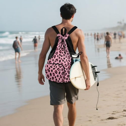 Bolaz Beach Drawstring Backpack Mesh Swim Bag for Men Women Pinks Leopard Cheetah Swimming Gym with Wet Pocket Packable Sports - color: Pinks Leopard Cheetah