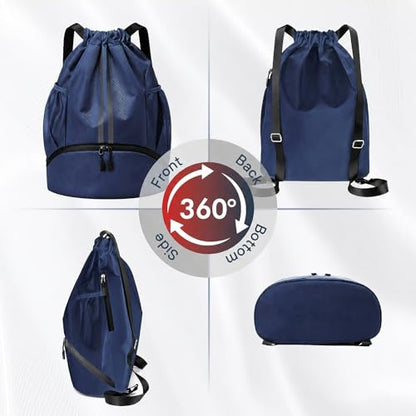 PinCute Drawstring Backpack for Women Men, Gym Bag for Soccer, Basketball, Swim, Beach, Water-Resistant Sports Backpack with Wet Pocket and Shoe Compartment, Navy Blue - color: Navy Blue