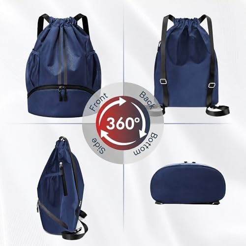 PinCute Drawstring Backpack for Women Men, Gym Bag for Soccer, Basketball, Swim, Beach, Water-Resistant Sports Backpack with Wet Pocket and Shoe Compartment, Navy Blue - color: Navy Blue