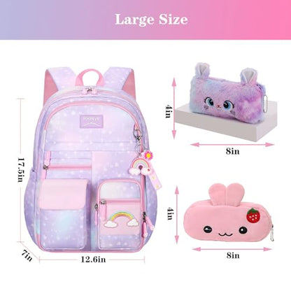 Jcobvig Rainbow Backpack For Girls Kids,Cute Student School Backpack With Pen Bag,Aesthetic Starry Rainbow Laptop Travel Bag - color: Purple, size: Medium