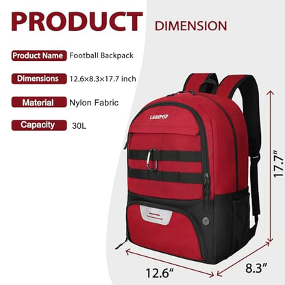 LARIPOP Soccer Backpack with Ball Holder & Shoe Compartment Large Capacity Sports Bag for Training - color: Dark red