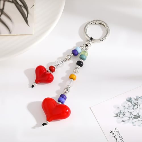 Madison Tyler Western Cowboy Boots Cherry Bow Bubble Tea Strawberry Cute Keychain | Bag Charms for Handbags Purse Charms - color: Double Red Heart