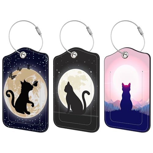 3 Pack Luggage Tags for suitcases Black Cat Under the Night Sky Leather Luggage Tag, Identifiers with Privacy Name ID Label and Metal Loop for Men Women Travel Bag Suitcase - color: Black Cat Under the Night Sky
