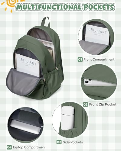 winspansy Backpack for School Teenage Girls Boys,Waterproof Lightweight School Bags Travel Daypack Simple Cute College Backpack Rucksack for Women Men fit 14 Inch Laptop,Army Green - color: A2-army Green