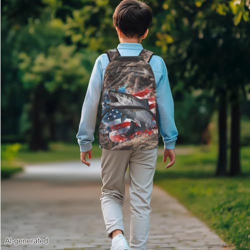 3PCS Kids School Backpack for Boys Girls, Branches American Flag Fish 3 in 1 Schoolbag Set Student Teens School Bag 17 Inch Bookbag with Lunch Bag Pencil Case - color: Branches American Flag Fish