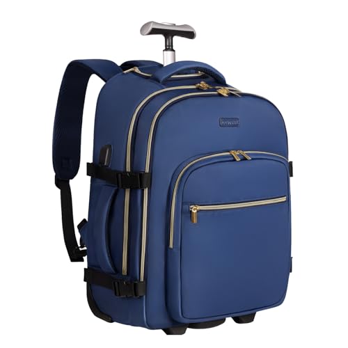 DEVPNR Rolling Backpack for Women, Travel Backpack with Wheels, Dark Blue | 17 Inch Wheeled Roller Laptop Bag for Adults, Carry On Underseat Luggage for College Business Work Overnight Travel - color: Dark Blue