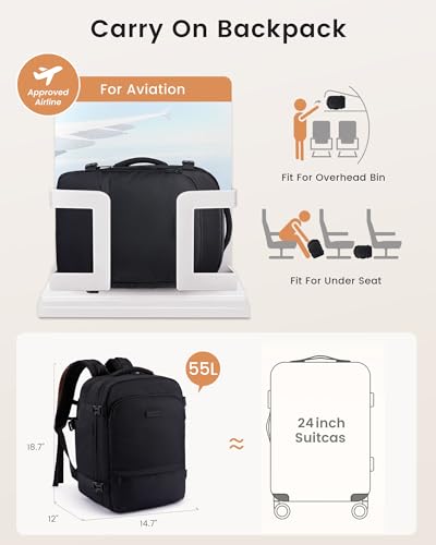 LOVEVOOK Travel Backpack for Women & Men, Carry On Backpack with Cup Holder, Personal Item Travel Bag Flight Approved with Padded Laptop Compartment, Weekender Daypack With 2 Cubes, 18 Inch Black - color: Black, size: 55l-18 Inch-3pcs