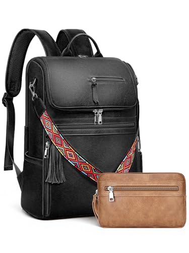 SYTRAH Leather Laptop Backpack for Women Designer Laptop Bag, 16.5 inch Travel Computer Backpacks Purse with Tassel for Work Business with Satchel Purse Black - color: Purse Black