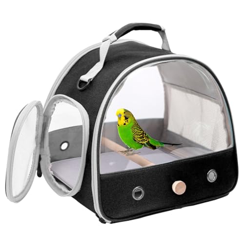 Bird Carrier, Portable Small Bird Parrot Parakeet Carrier with Standing Perch and Stainless Steel Tray, Side Access Window Collapsible (Black, Clear Windows) - color: Black