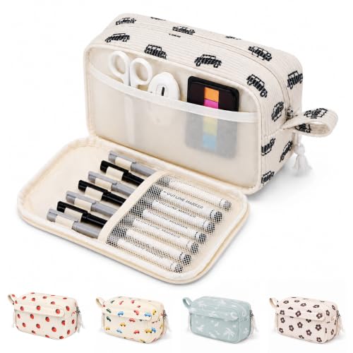 Big Capacity Pencil case,Soft Corduroy Pencil Bag with 3 Compartment,Pencil Pouch School Supplies Cute Pencil Box Pencil Bag for Teen Girls Boys College (Black Car) - color: Black Car