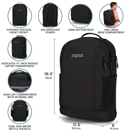 JanSport Inbound Pack – Large Main Compartment, Dual Water Bottle Pockets, and Dedicated 15-Inch Padded Laptop Pocket, Black - color: Black