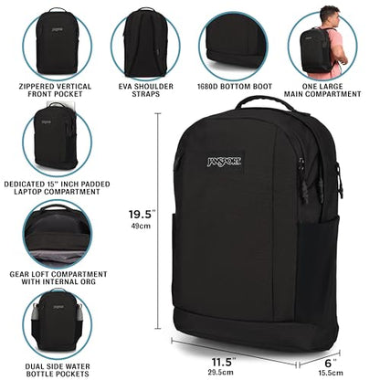JanSport Inbound Pack – Large Main Compartment, Dual Water Bottle Pockets, and Dedicated 15-Inch Padded Laptop Pocket, Black - color: Black