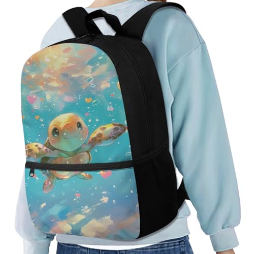 Cute Sea Turtle Backpack for Girls Kids Backpack with Lunch Box Water Bottle Holder with Strap and Large Pencil Case 4PCS Set Bookbag with Front Pocket 17 inch Sturdy Elementary School Bag - color: Cute Sea Turtle
