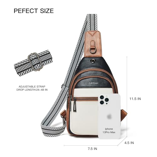 LATMAP 7L Sling Bag For Women Faux Leather Anti Theft Small Casual Daypack Backpack Fanny Pack Crossbody Chest Bags Purse Waterproof - color: 7l-black & Beige W/ Brown Trim