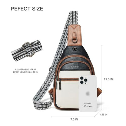 LATMAP 7L Sling Bag For Women Faux Leather Anti Theft Small Casual Daypack Backpack Fanny Pack Crossbody Chest Bags Purse Waterproof - color: 7l-black & Beige W/ Brown Trim
