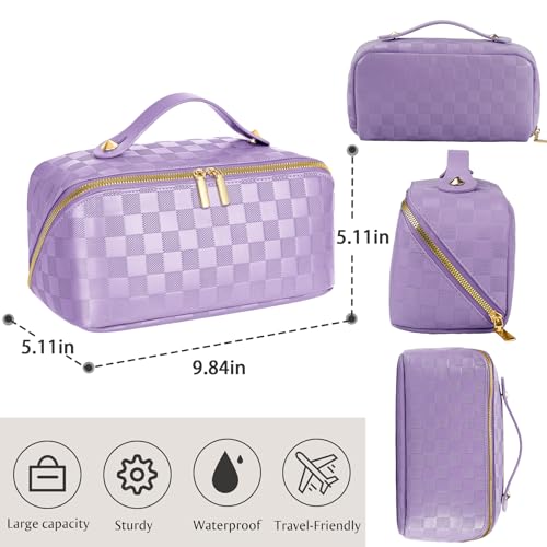 ALEXTINA Travel Makeup Bag, PU Leather Cosmetic Bag, Purple - color: checkered purple, size: Medium