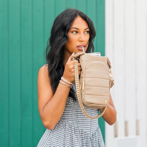 WanderFull HydroBag Handle®, Vegan Leather Hands-Free Crossbody 40 Oz Water Bottle Carrier w/Strap Bundle - color: Taupe