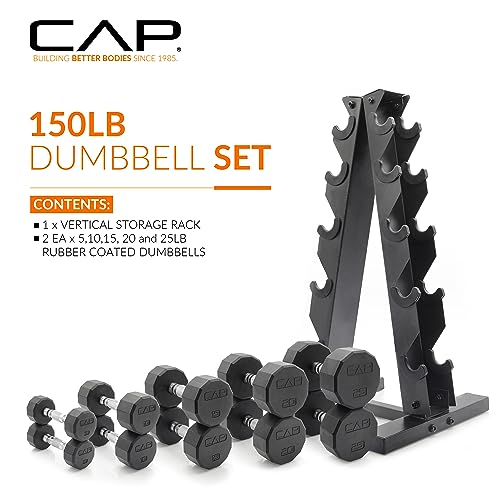 CAP Rubber Coated Hex Dumbbell Set with Storage Rack | 100–210 lb Options, Space-Saving Vertical Compact Storage for Home Gym Strength Training - size: 150 lb - Set, style: 12-Sided Chrome Handle