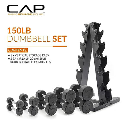 CAP Rubber Coated Hex Dumbbell Set with Storage Rack | 100–210 lb Options, Space-Saving Vertical Compact Storage for Home Gym Strength Training - size: 150 lb - Set, style: 12-Sided Chrome Handle