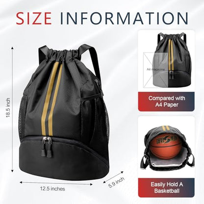 PinCute Drawstring Backpack for Women Men, Gym Bag for Soccer, Basketball, Swim, Beach, Water-Resistant Sports Backpack with Wet Pocket and Shoe Compartment, Black Gold - color: Black Gold