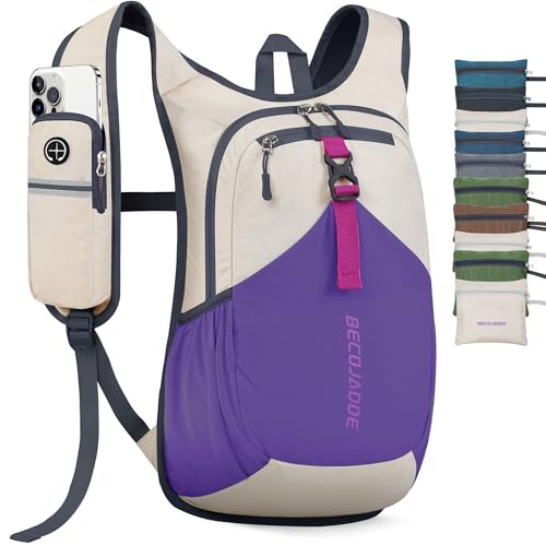 BECOJADDE 15L Small Hiking Backpack for Men Women Foldable Packable Back Pack Ultralight Hiking Daypack for Travel Camping Outdoor, Beige Purple - color: Beige Purple, size: 15L