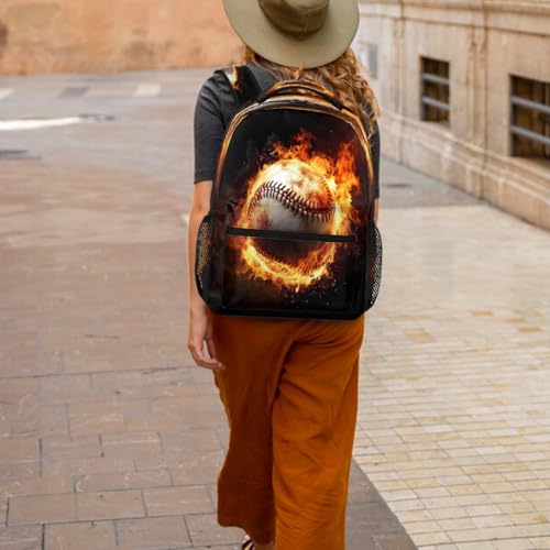 Large Backpack with 15.6 Inch Laptop Compartment, Baseball Ball Fire Adult Backpack for Work, Travel & School College Boys Girls - color: Baseball Ball Fire